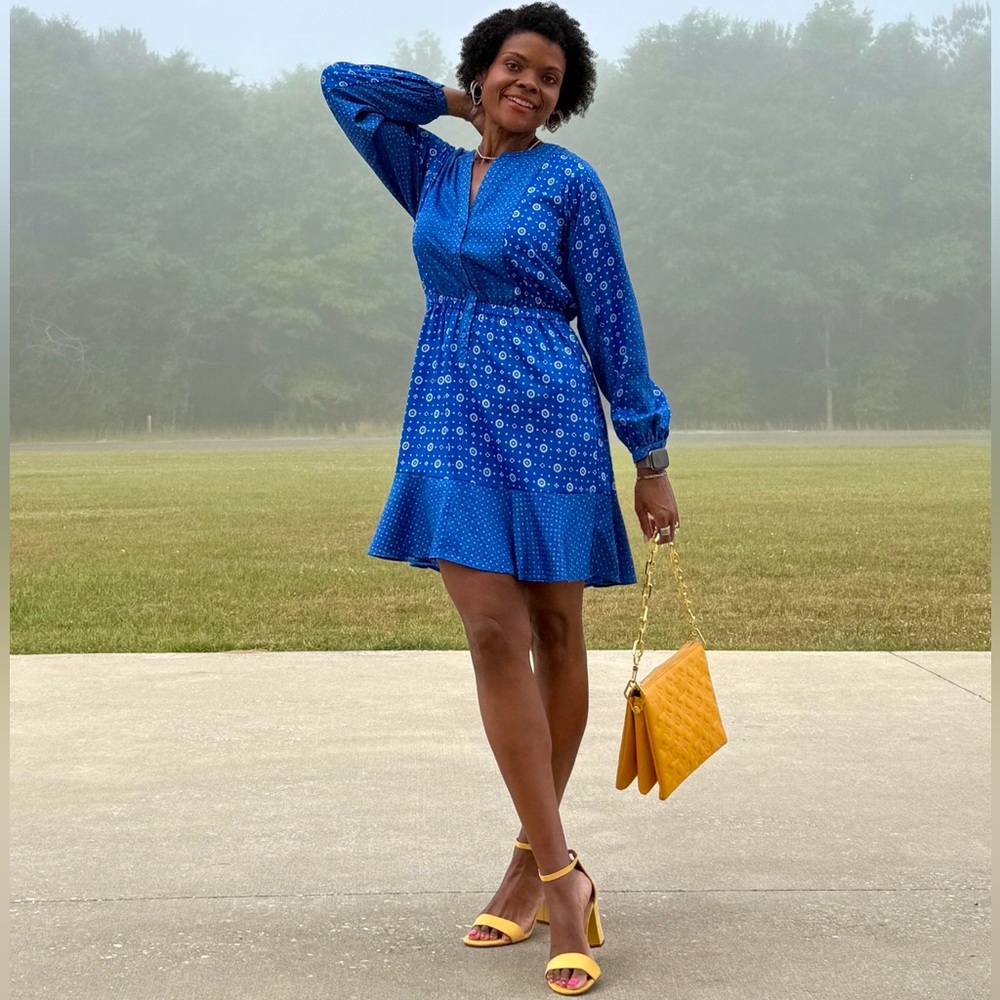 Loft Mixed Geo Flounce‎ Mini Shirtdress Blue Patterned Long Sleeve Dress